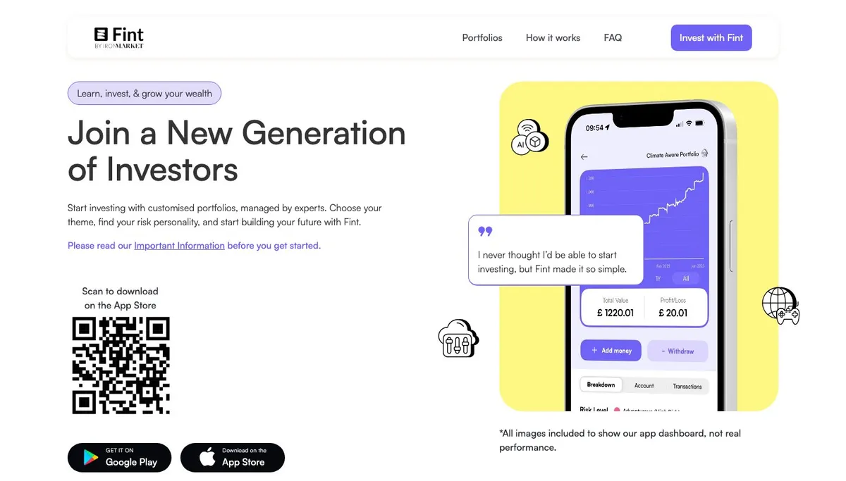 The Fint website: Join a new generation of investors, with the mobile app showing a portfolio balance and themed investment options.